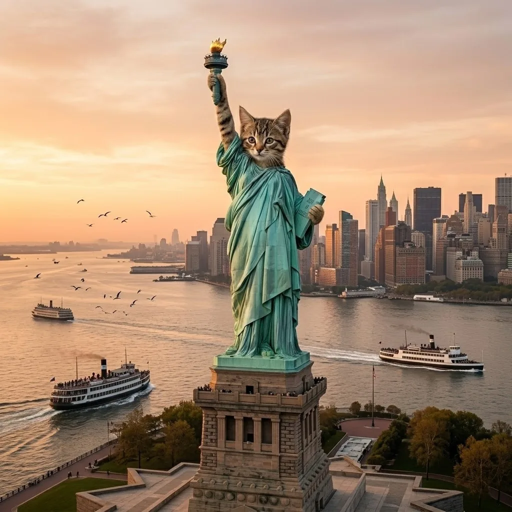 Cate as the Statue of Liberty over New York harbour